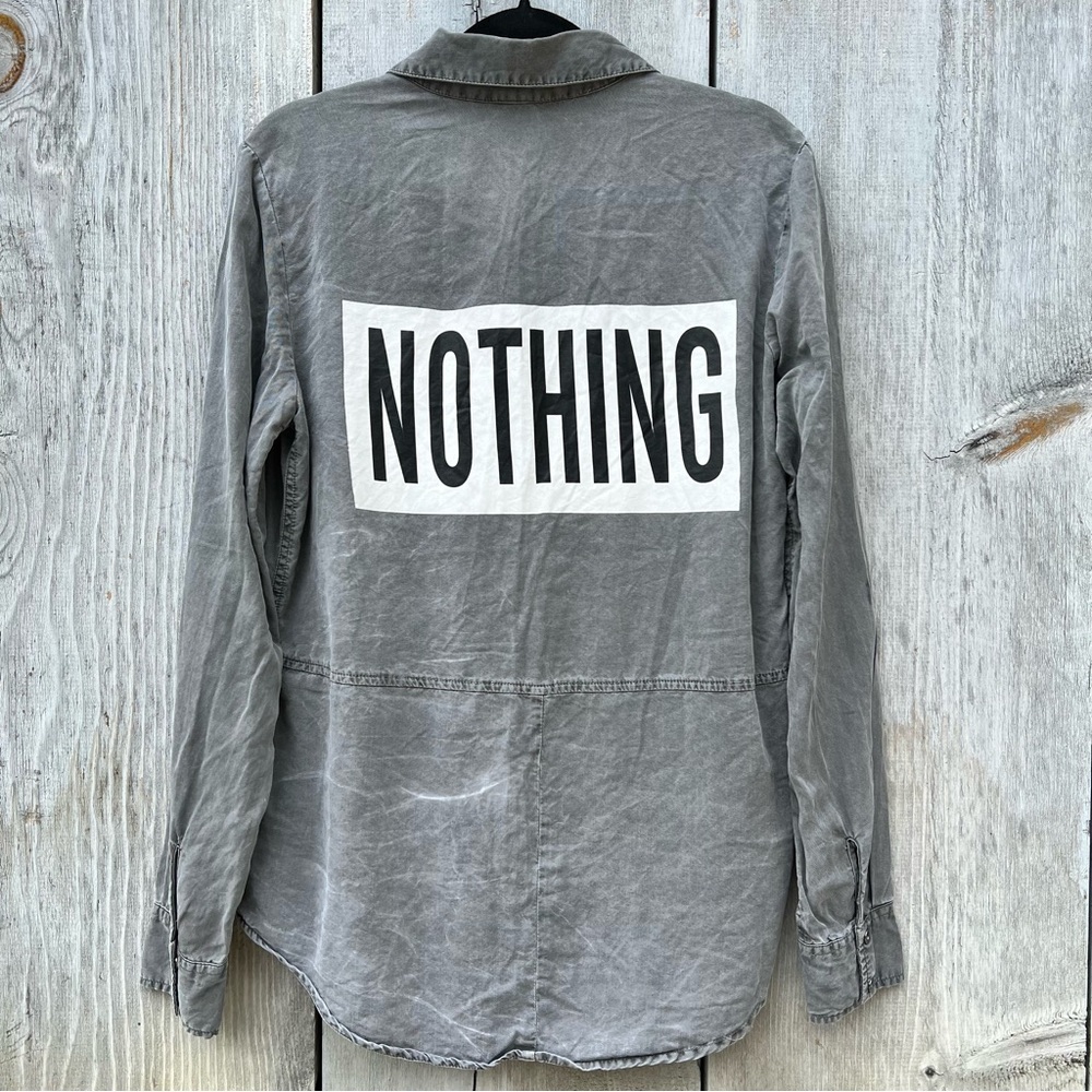 Vintage acid wash gray graphic print “NOTHING” grunge button down t-shirt